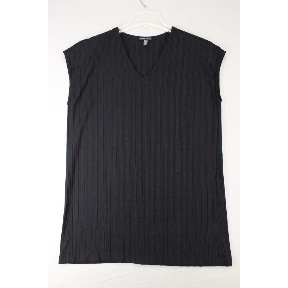 Eileen Fisher V-Neck Ribbed Top Womens Medium Black Sleeveless Minimalist Chic